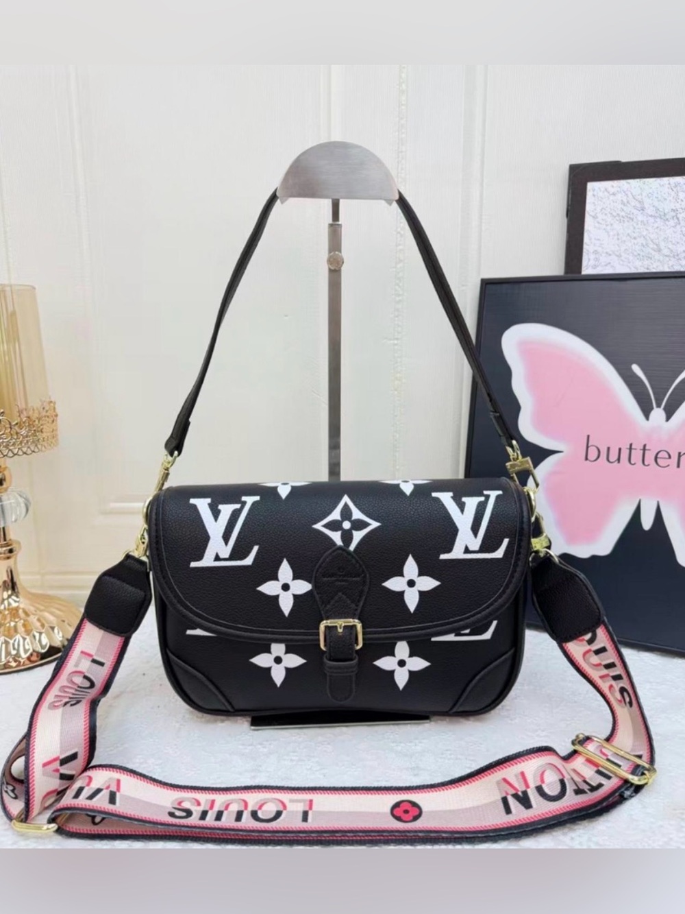 L V Black Monogram Canvas Shoulder Bag with Pink Accent Strap